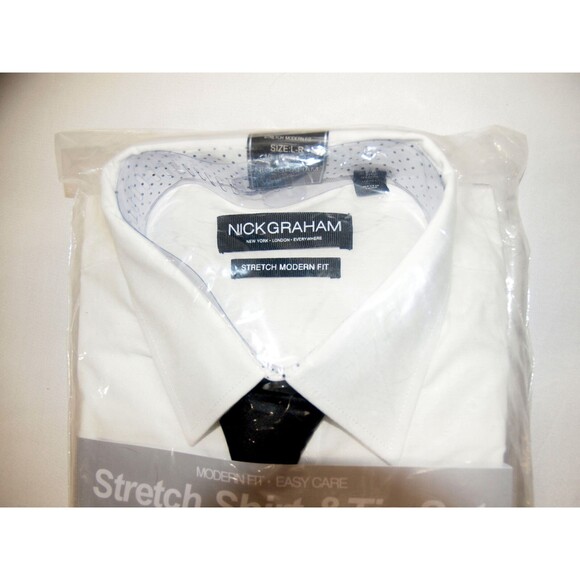 Nick Graham Men's Stretch Collared Button-Down Shirt, White, &Tie 16-16.5/32-33 - Picture 3 of 5